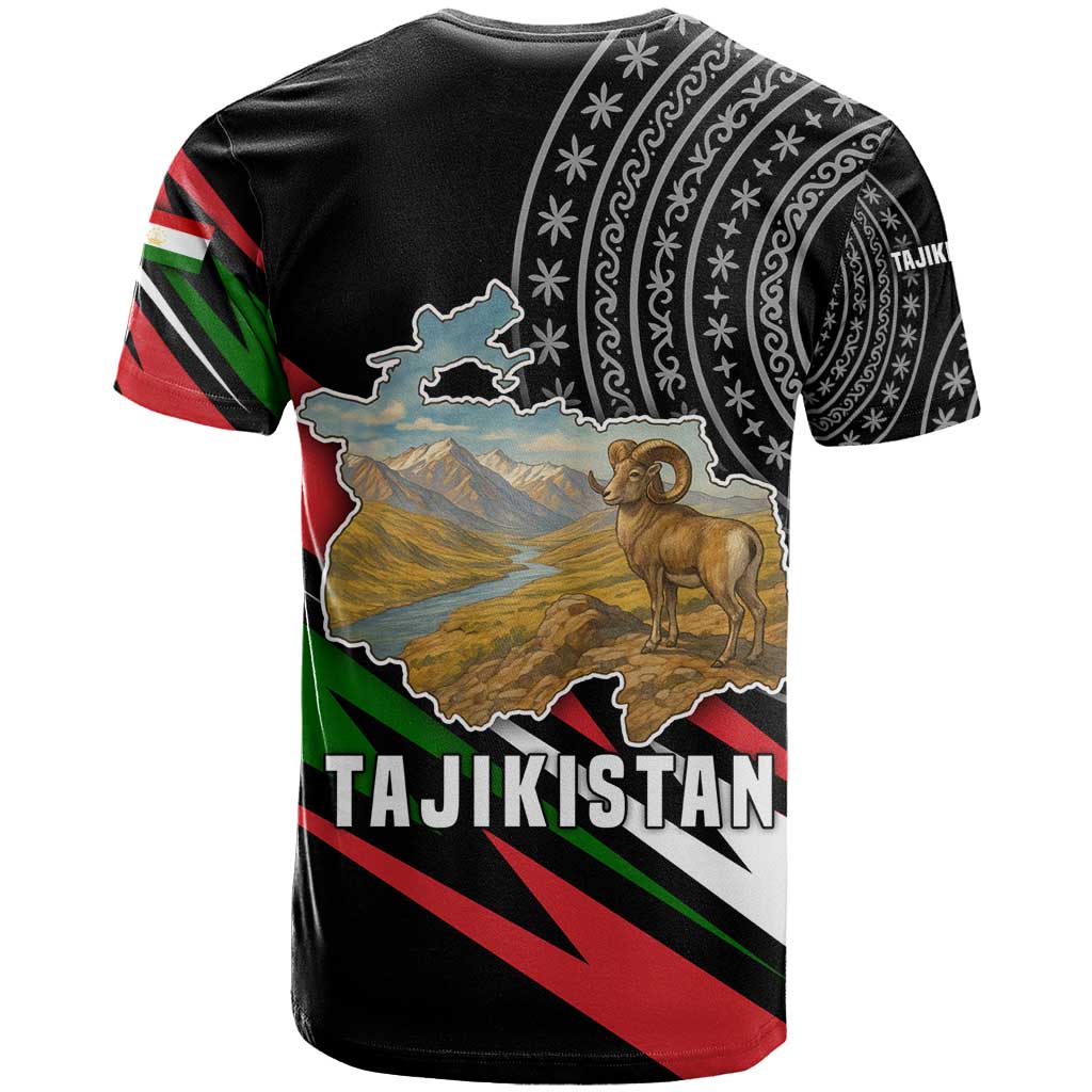 Tajikistan Marco Polo Sheep T-Shirt with Black Red Green Tribal Flag Pattern Graphic Tee
