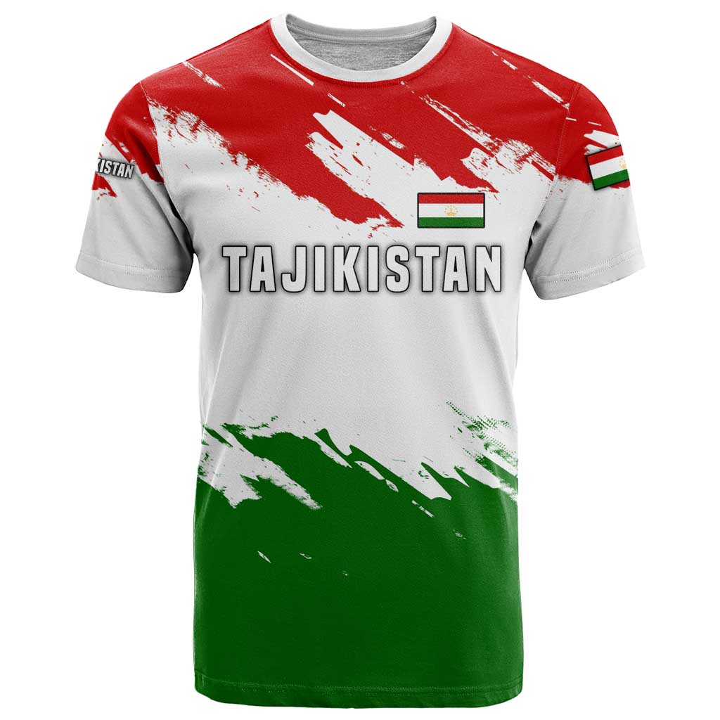 Tajikistan T-Shirt Markhor with Red Green White Brushstroke Flag with Mountain Goat Design Graphic Tee