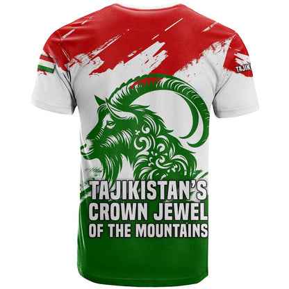 Tajikistan T-Shirt Markhor with Red Green White Brushstroke Flag with Mountain Goat Design Graphic Tee