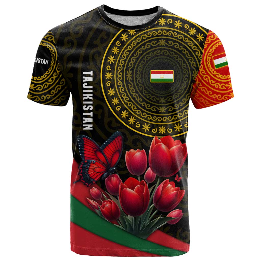 Tajikistan T-Shirt Tulip with Red Floral Butterfly with Black Gold Folk Pattern Graphic Tee