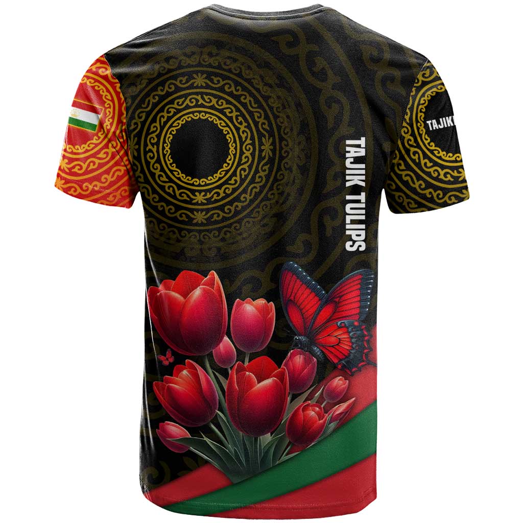 Tajikistan T-Shirt Tulip with Red Floral Butterfly with Black Gold Folk Pattern Graphic Tee