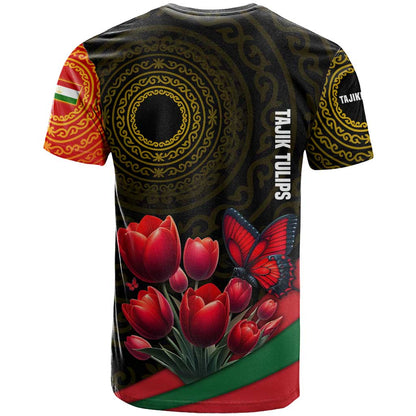 Tajikistan T-Shirt Tulip with Red Floral Butterfly with Black Gold Folk Pattern Graphic Tee