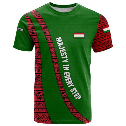 Tajikistan Green Lion T-Shirt with Red Folk Pattern with Majestic Script Graphic Tee