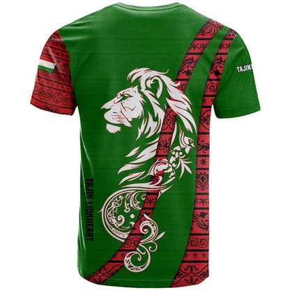 Tajikistan Green Lion T-Shirt with Red Folk Pattern with Majestic Script Graphic Tee