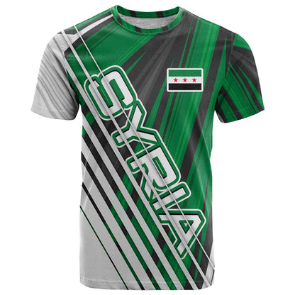 Modern Syria Flag T-Shirt with Green and Black Diagonal Stripe Design Graphic Tee