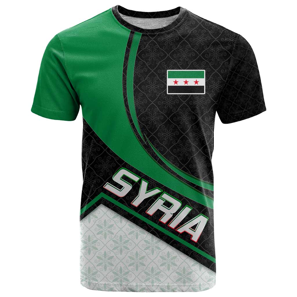 Syria Revolution Emblem T-Shirt with Traditional Pattern and Curved Green Black Design Graphic Tee