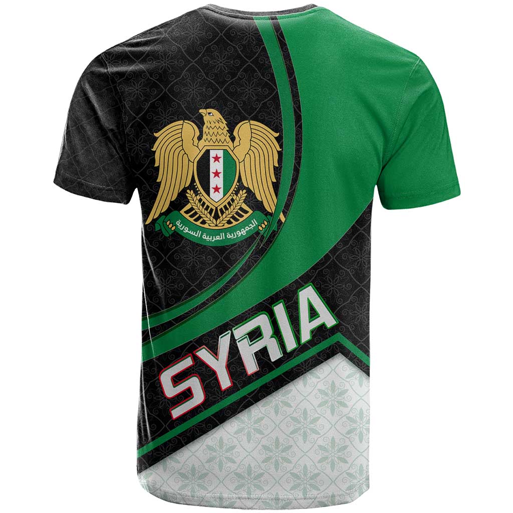 Syria Revolution Emblem T-Shirt with Traditional Pattern and Curved Green Black Design Graphic Tee