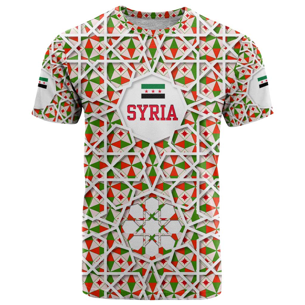 Syria Geometric Pattern T-Shirt with Traditional Arab Tile Motif and Flag Emblem Graphic Tee