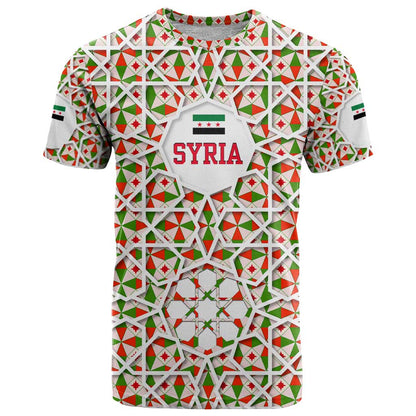 Syria Geometric Pattern T-Shirt with Traditional Arab Tile Motif and Flag Emblem Graphic Tee