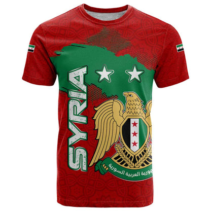 Syria National Emblem T-Shirt with Map and Flag Pattern Graphic Tee