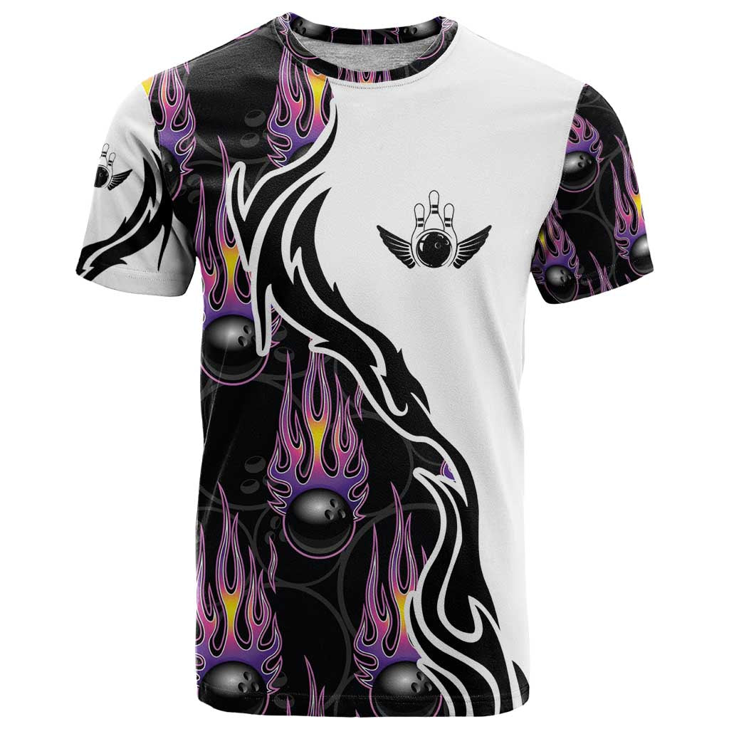 Personalized Bowling Flame T-Shirt Black and White Split Pattern and Purple Fireball Graphics Graphic Tee