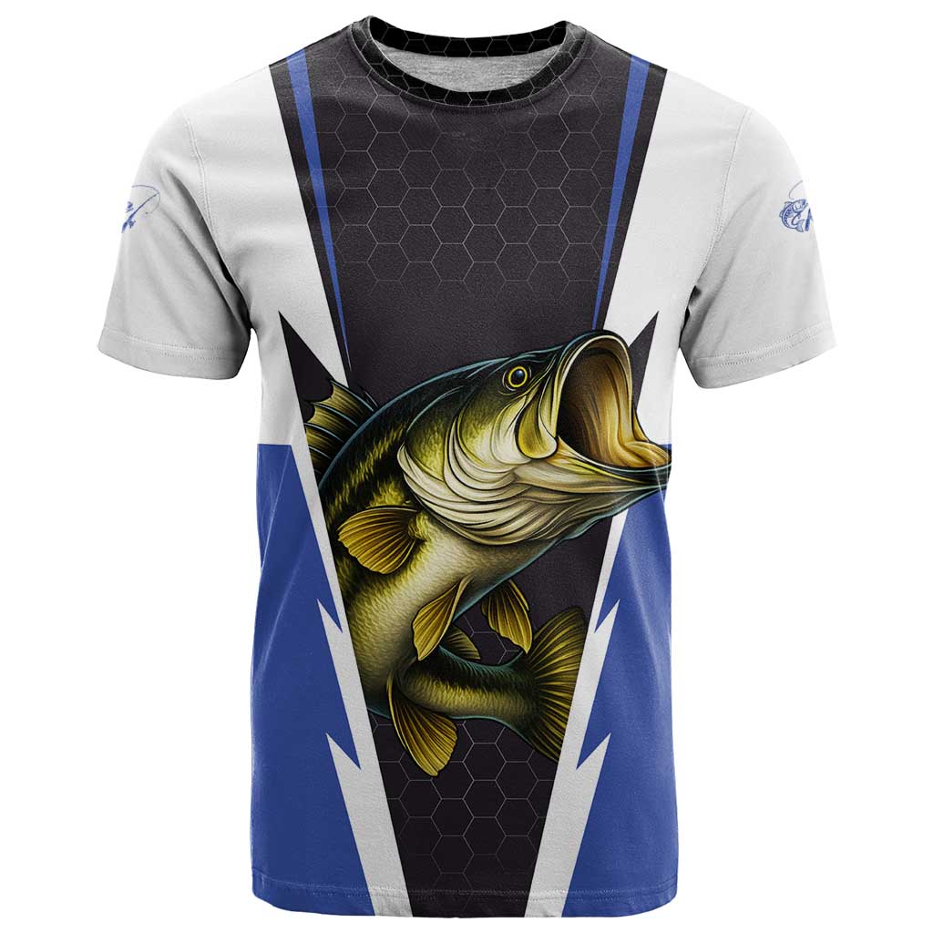 Personalized Bass Fishing T-Shirt Jumping Fish and Blue White Lightning Pattern Design Graphic Tee
