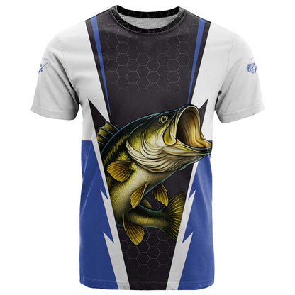 Personalized Bass Fishing T-Shirt Jumping Fish and Blue White Lightning Pattern Design Graphic Tee