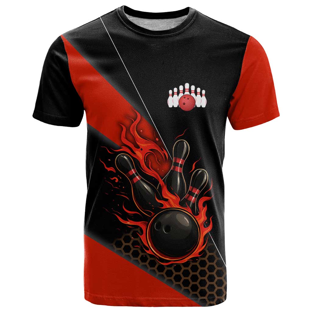 Personalized Bowling Tournament T-Shirt Ball Strike Black And Red Custom Bowling Team Graphic Tee