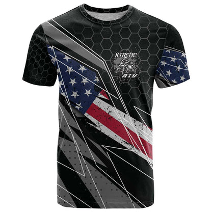 Custom Bike Shirt Racing Motocross T-Shirt American Flag and Black Hexagon Lightning Graphic Design Graphic Tee