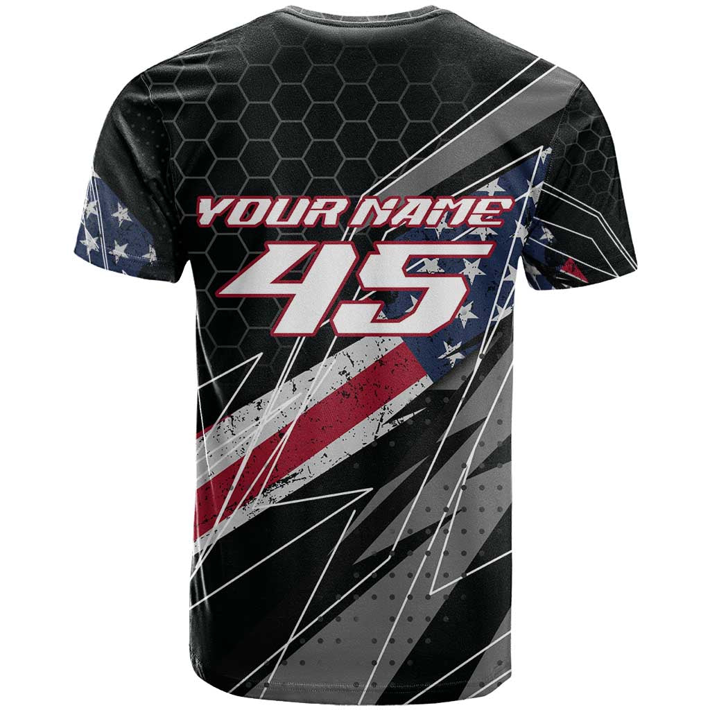 Custom Bike Shirt Racing Motocross T-Shirt American Flag and Black Hexagon Lightning Graphic Design Graphic Tee