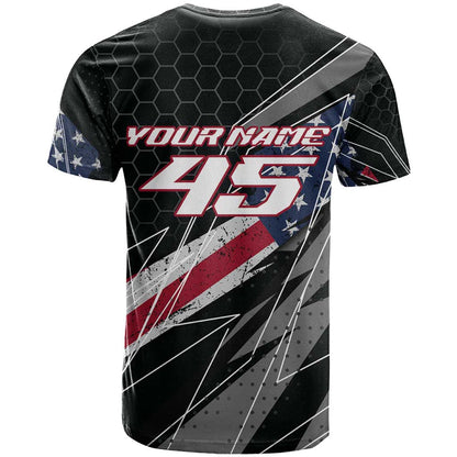 Custom Bike Shirt Racing Motocross T-Shirt American Flag and Black Hexagon Lightning Graphic Design Graphic Tee