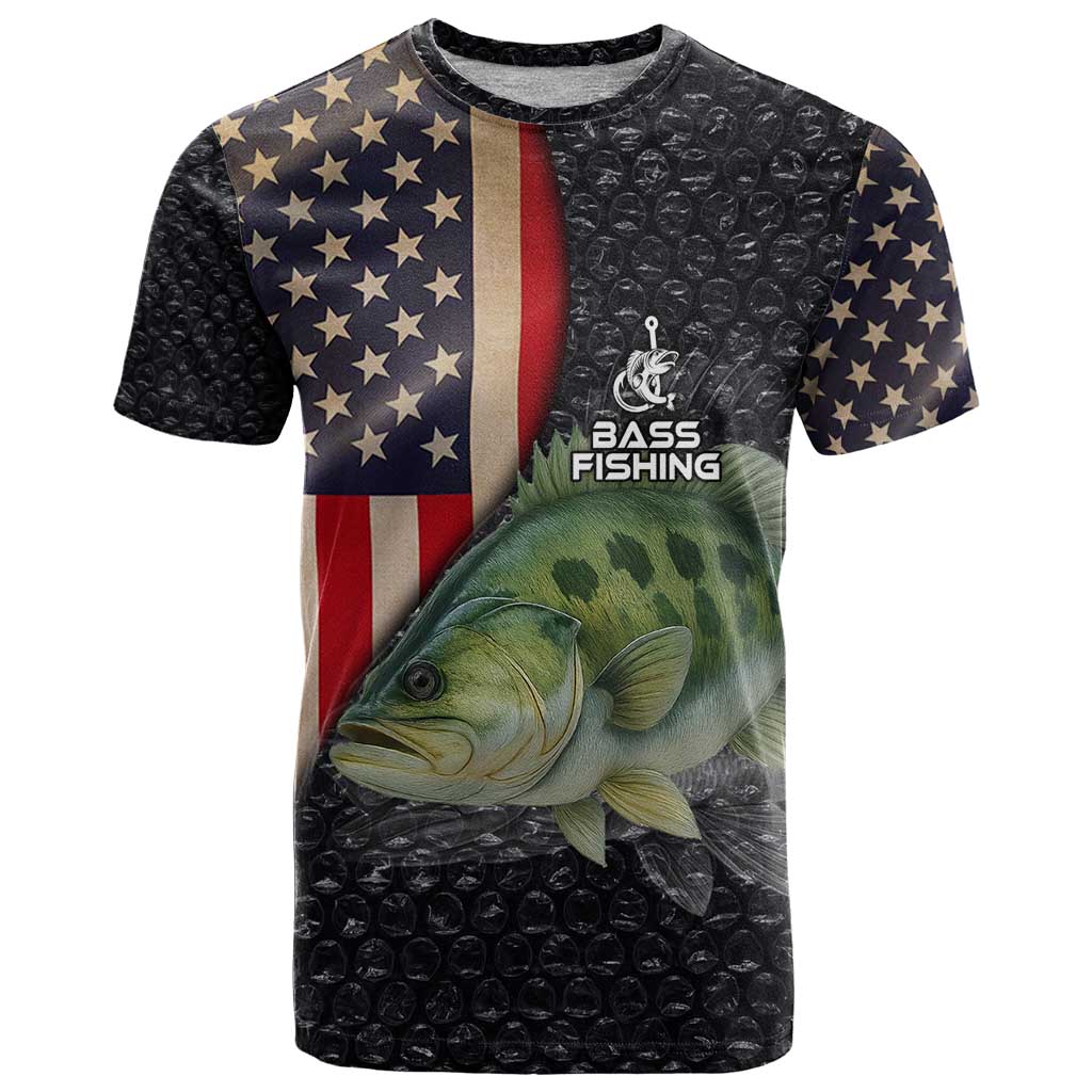 Custom Largemouth Bass Fishing T-Shirt American Flag and Bubble Texture Background Graphic Tee
