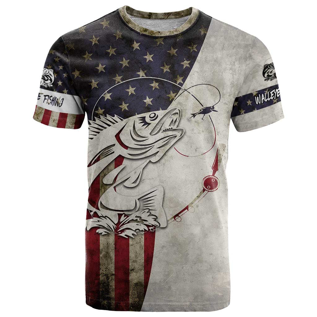 Walleye Fishing T-Shirt American Flag Vintage Design and Custom Name Option Graphic Tee
