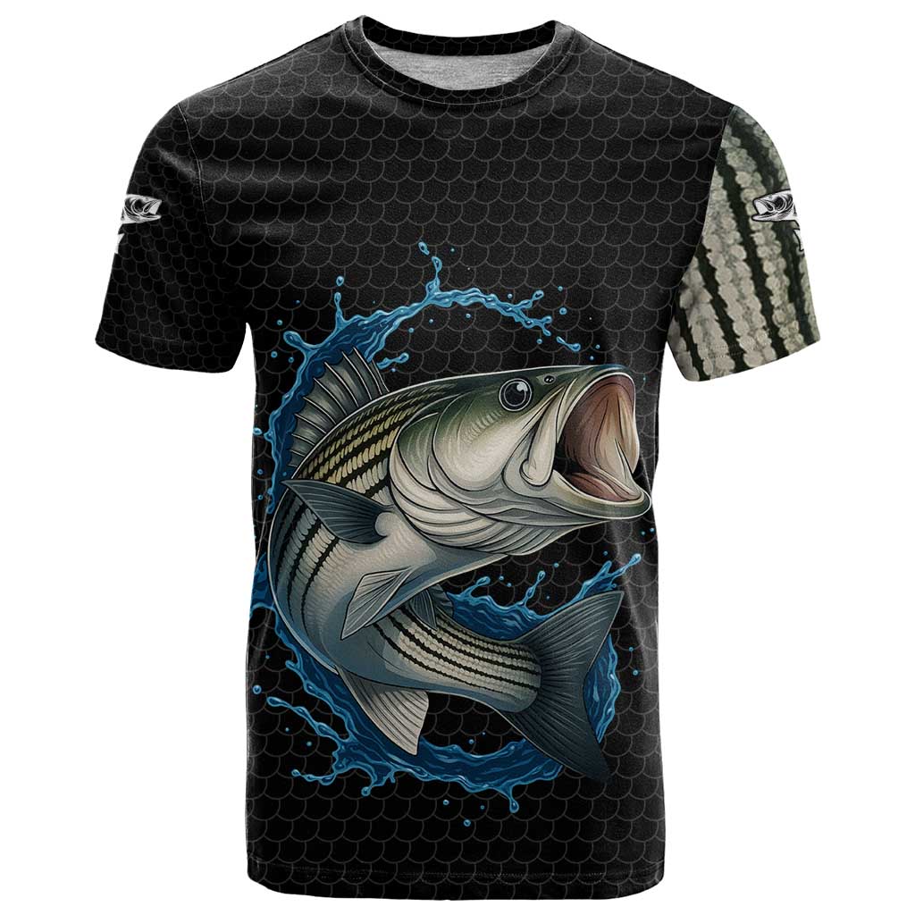 Striped Bass Jumping T-Shirt Blue Splash Graphic and Custom Name Design Graphic Tee