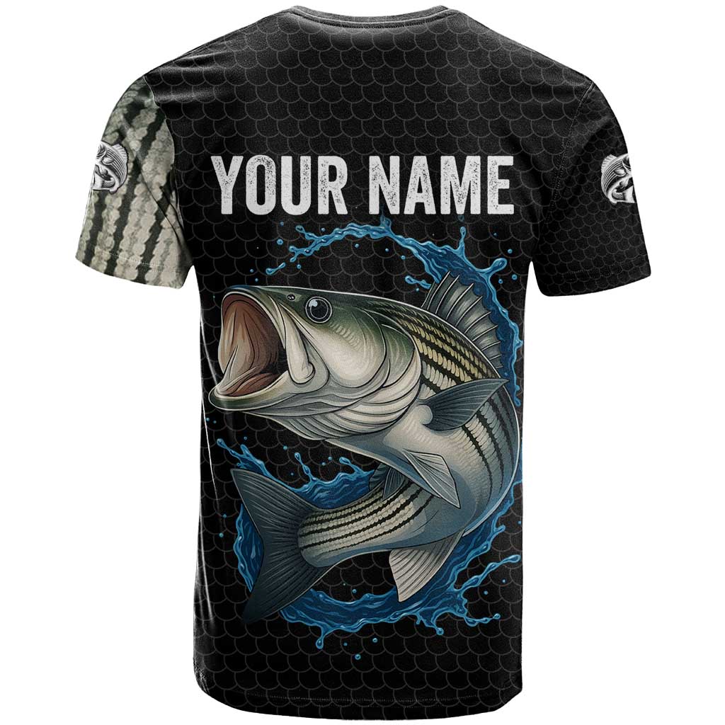 Striped Bass Jumping T-Shirt Blue Splash Graphic and Custom Name Design Graphic Tee