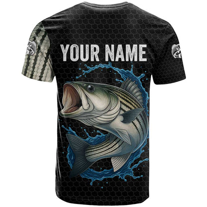 Striped Bass Jumping T-Shirt Blue Splash Graphic and Custom Name Design Graphic Tee