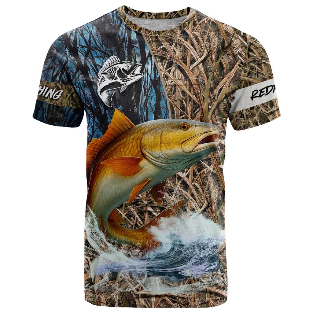 Redfish Splashing in Marsh Grass T-Shirt Custom Name and Nature Background Design Graphic Tee
