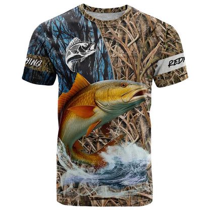 Redfish Splashing in Marsh Grass T-Shirt Custom Name and Nature Background Design Graphic Tee
