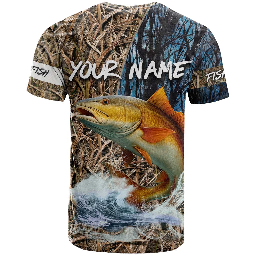 Redfish Splashing in Marsh Grass T-Shirt Custom Name and Nature Background Design Graphic Tee