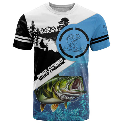 Largemouth Bass Fishing Underwater Graphic T-Shirt Mountain Silhouette and Custom Name Design Graphic Tee