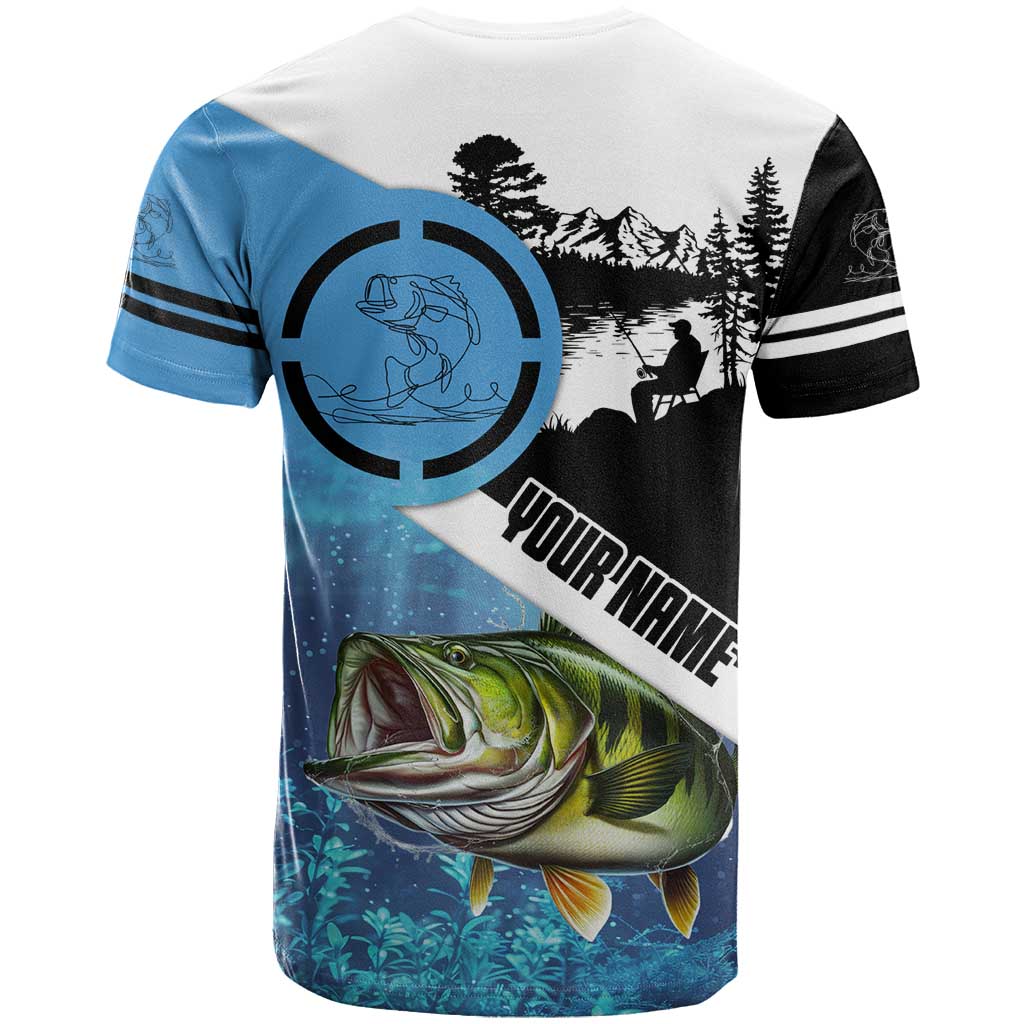 Largemouth Bass Fishing Underwater Graphic T-Shirt Mountain Silhouette and Custom Name Design Graphic Tee