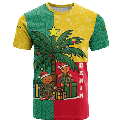 Benin Christmas T-Shirt with Palm Tree Dolls and Red Yellow Green Festive Graphic Tee