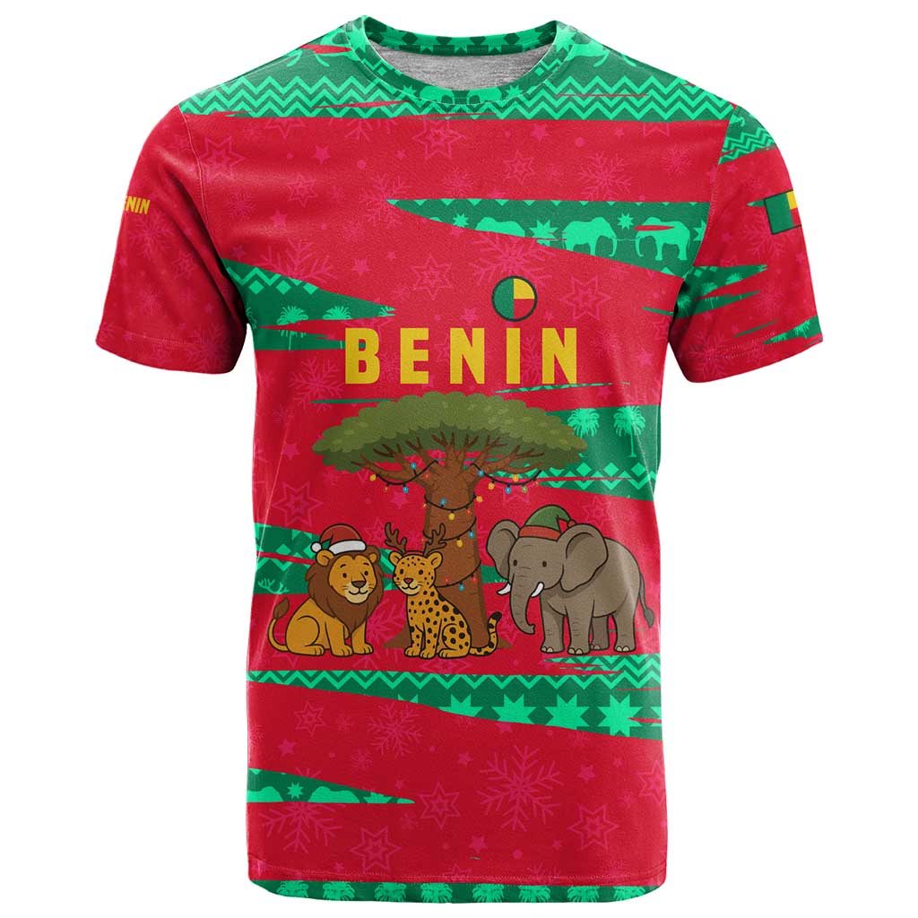 Benin Christmas T-Shirt with Safari Animals Baobab Tree and National Coat of Arms Design Graphic Tee