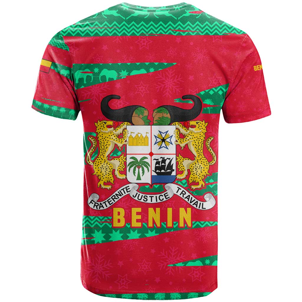 Benin Christmas T-Shirt with Safari Animals Baobab Tree and National Coat of Arms Design Graphic Tee