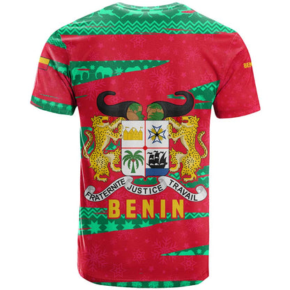 Benin Christmas T-Shirt with Safari Animals Baobab Tree and National Coat of Arms Design Graphic Tee