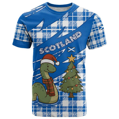 Scotland Christmas T-Shirt with Nessie Santa Hat and Blue Tartan Tree Graphic Tee
