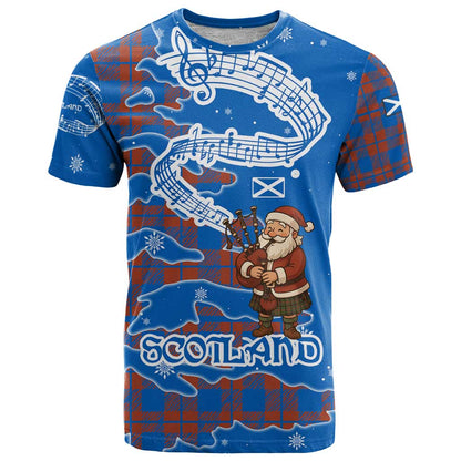 Scotland Christmas T-Shirt with Santa Playing Bagpipes and Blue Red Tartan Music Notes Graphic Tee