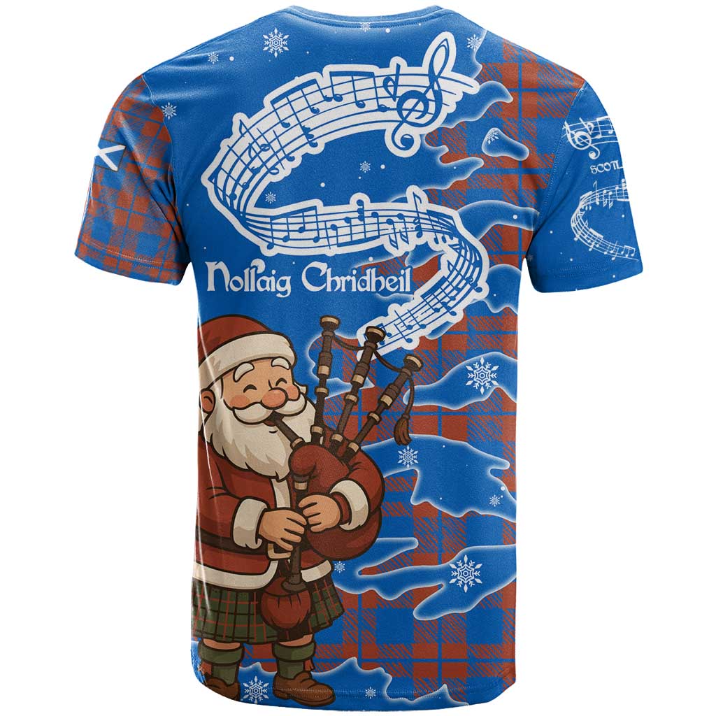 Scotland Christmas T-Shirt with Santa Playing Bagpipes and Blue Red Tartan Music Notes Graphic Tee