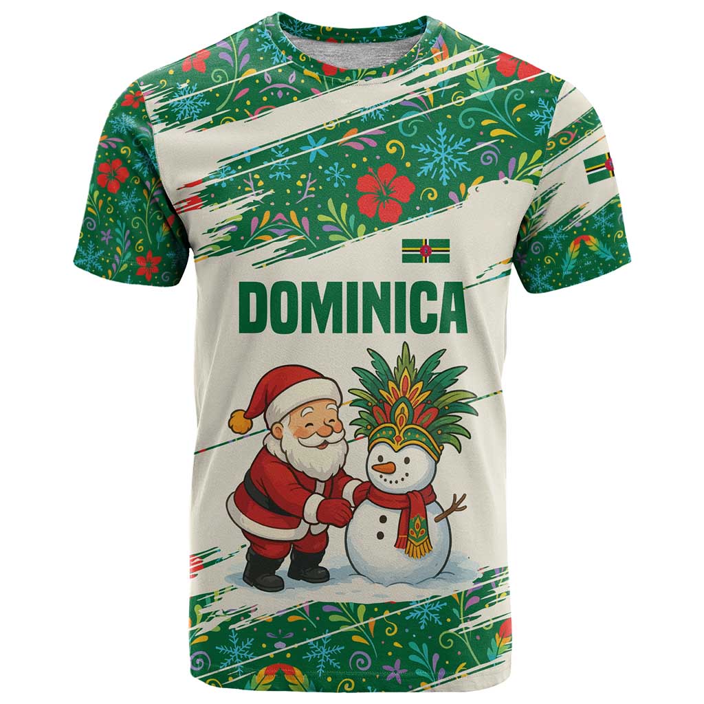 Dominica Christmas T-Shirt with Santa Snowman and Tropical Carnival Headpiece Graphic Tee