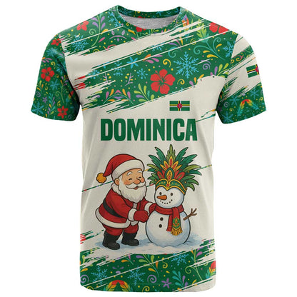 Dominica Christmas T-Shirt with Santa Snowman and Tropical Carnival Headpiece Graphic Tee