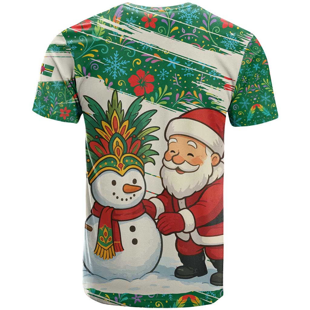 Dominica Christmas T-Shirt with Santa Snowman and Tropical Carnival Headpiece Graphic Tee