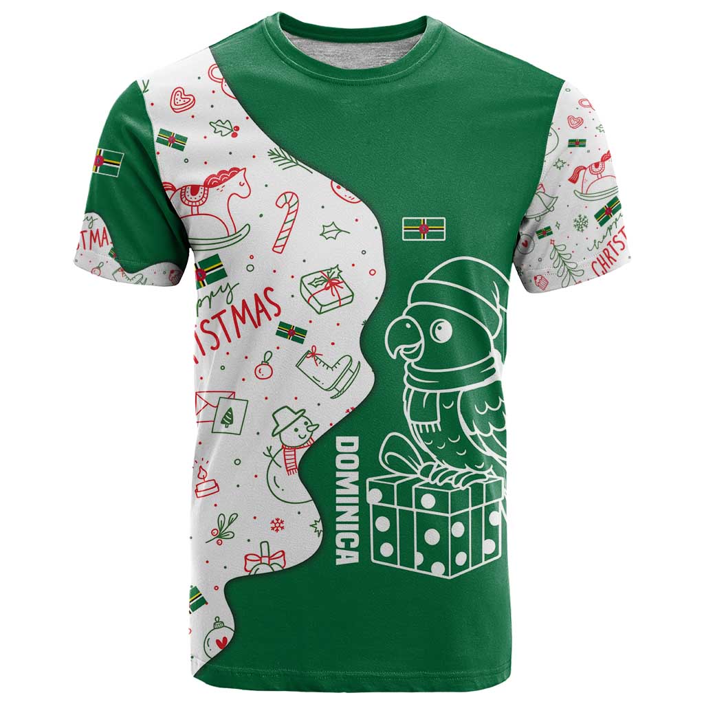 Dominica Christmas T-Shirt with Parrot Gift Box and Festive Pattern Design Graphic Tee