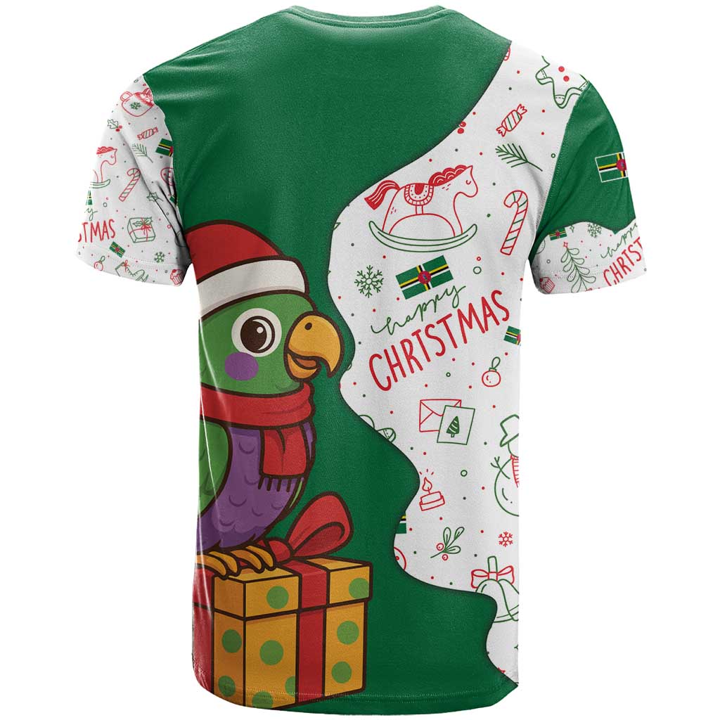Dominica Christmas T-Shirt with Parrot Gift Box and Festive Pattern Design Graphic Tee
