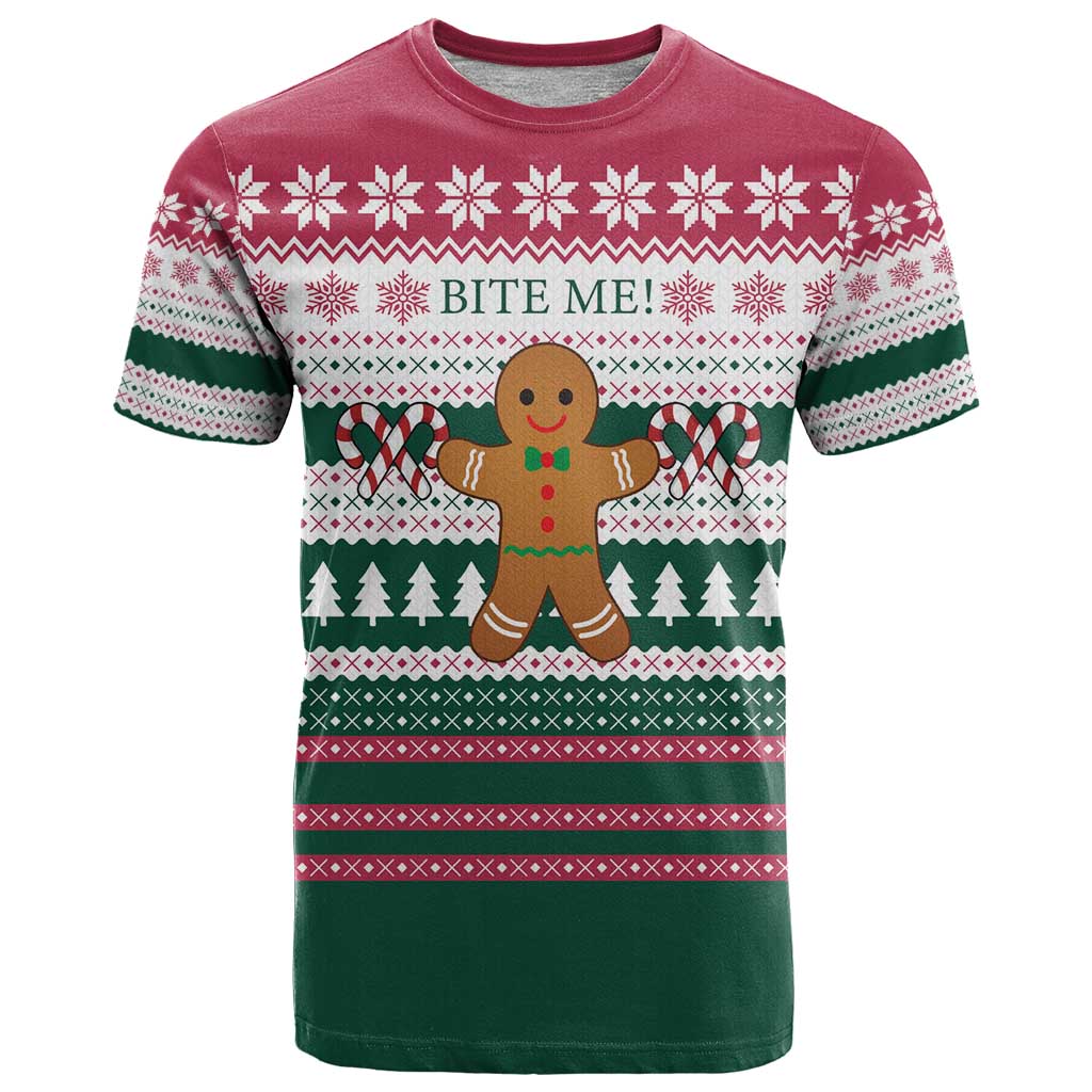 Christmas Cookies Bite Me T-Shirt with Gingerbread Man Candy Canes and Snowflake Tree Graphic Tee