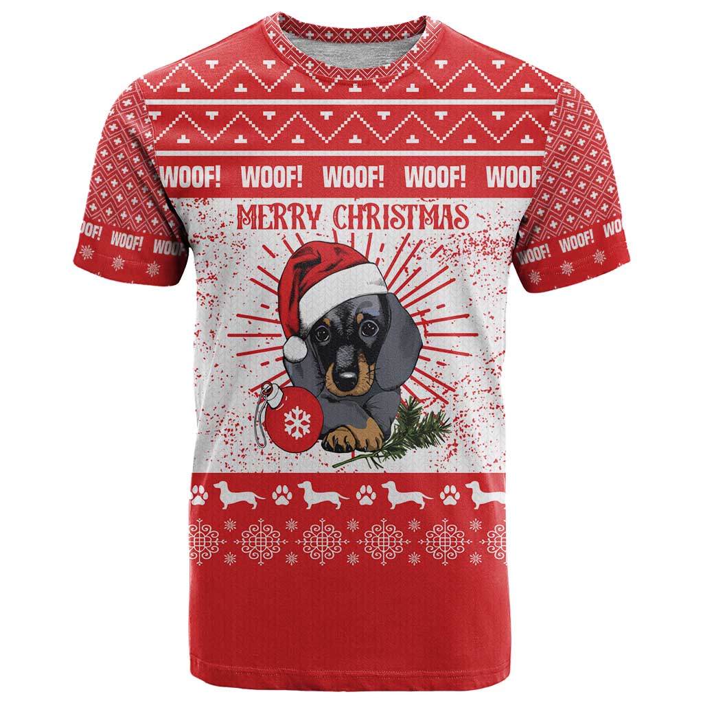 Christmas Dachshund Dog T-Shirt Santa Hat Woof Snowflake Paw Design Graphic Tee