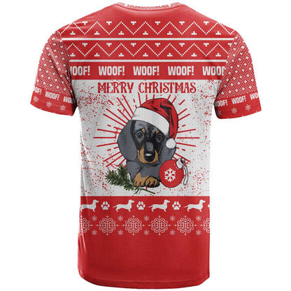 Christmas Dachshund Dog T-Shirt Santa Hat Woof Snowflake Paw Design Graphic Tee
