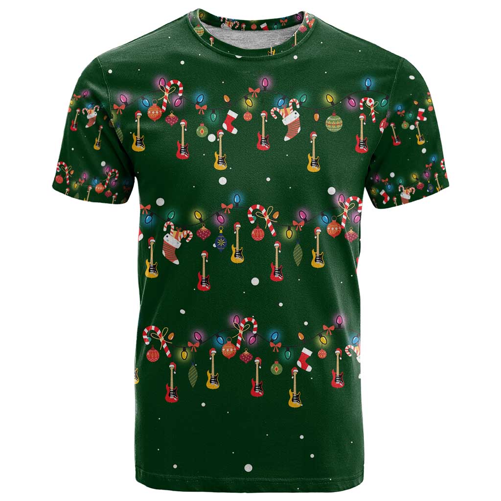 Ornaments on Green Snowy Background T-Shirt with Electric Guitars Santa Candy Canes Graphic Tee