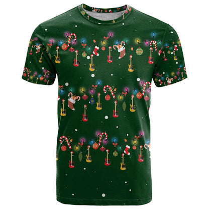 Ornaments on Green Snowy Background T-Shirt with Electric Guitars Santa Candy Canes Graphic Tee