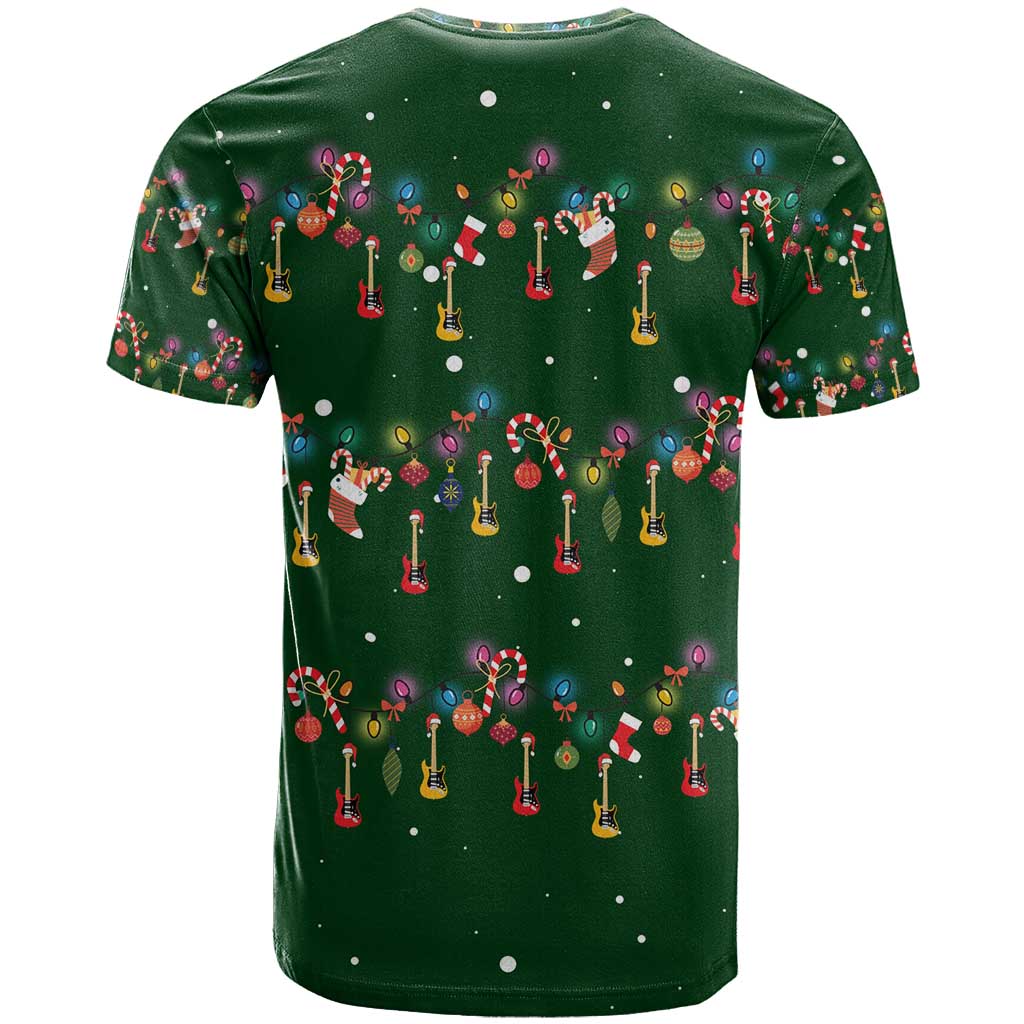Ornaments on Green Snowy Background T-Shirt with Electric Guitars Santa Candy Canes Graphic Tee