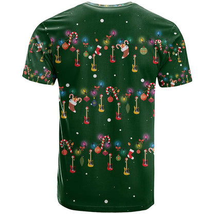 Ornaments on Green Snowy Background T-Shirt with Electric Guitars Santa Candy Canes Graphic Tee